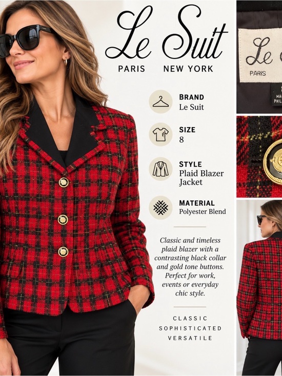 Le Suit Jackets & Blazers - Le Suit Women's Red/Black Plaid Blazer Size 8 tartan 3-Button Lined